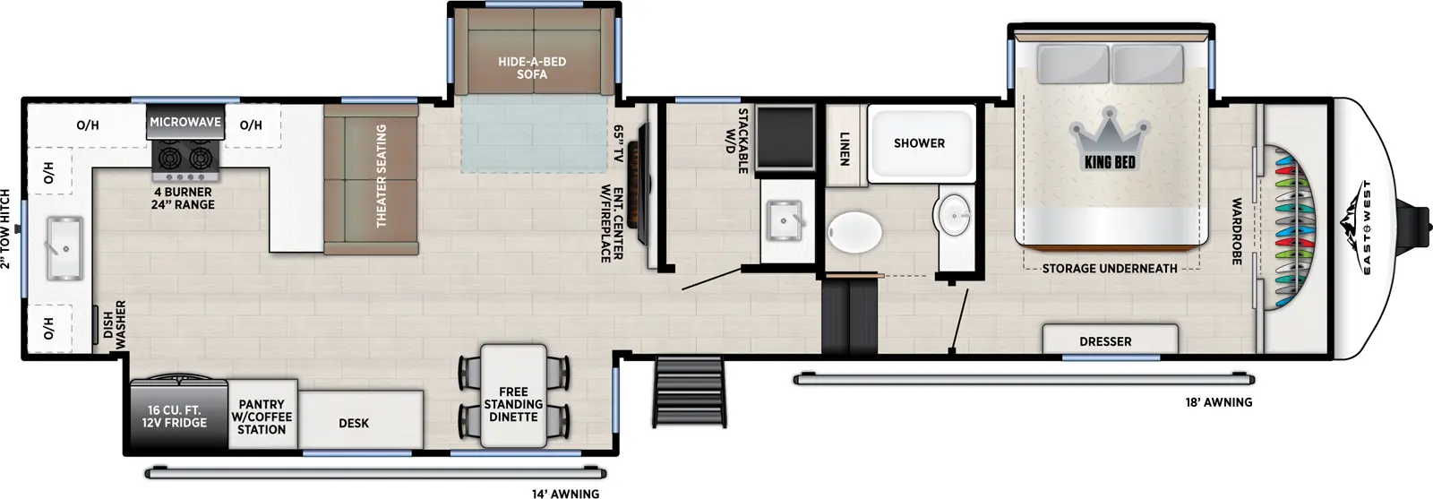The Tandara 388LR floorplan has one entry and three slide outs. Exterior features include: fiberglass exterior and 14' & 18' awning. Interiors features include: rear kitchen, free-standing dinette option and front bedroom.